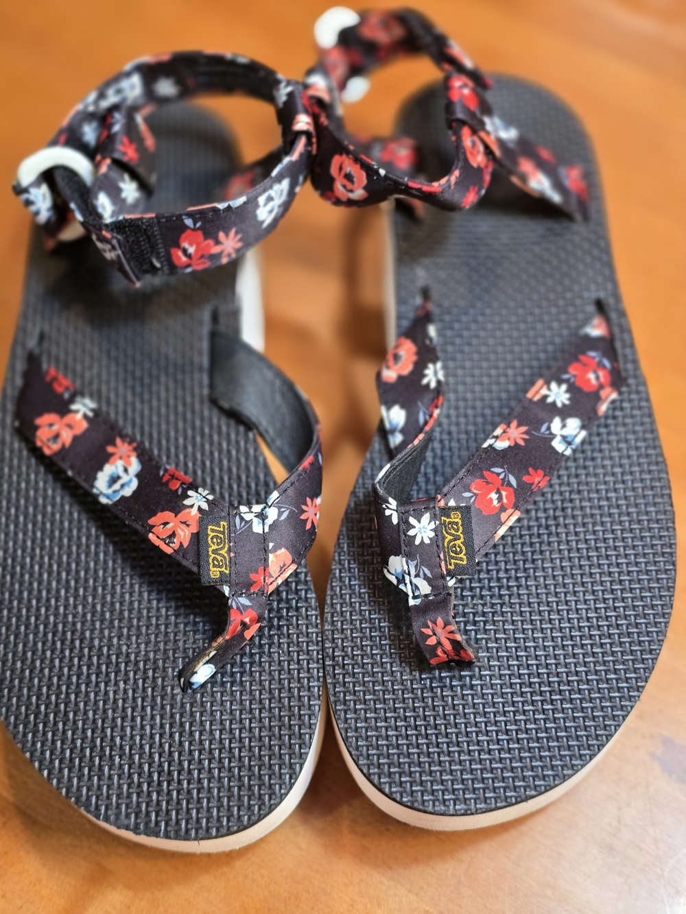 Teva Women’s Black Floral Strap Sandals with Red & White Accents